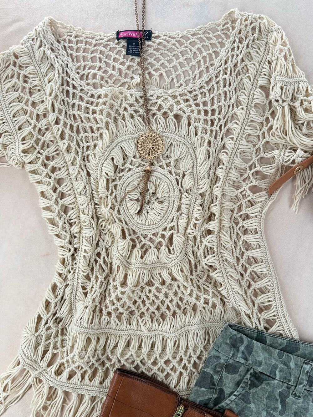 Say What Y2K Boho Crochet Fringe Poncho Top Cream Size M